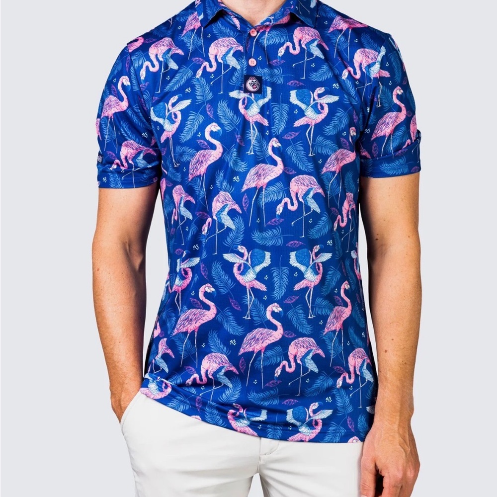 Birdieboss Golf Performance Polo Flamingo Print
